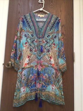 True Colours Bohemian tunic dress rhinestones, tassel, 100% silk, sz M